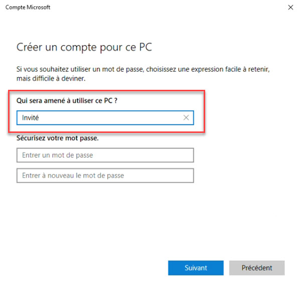 Compte Windows 10